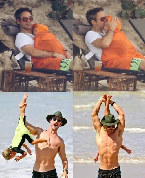 Создать мем: мем роберт дауни, крис хемсворт, роберт-дауни младший с дочкой на пляже мем