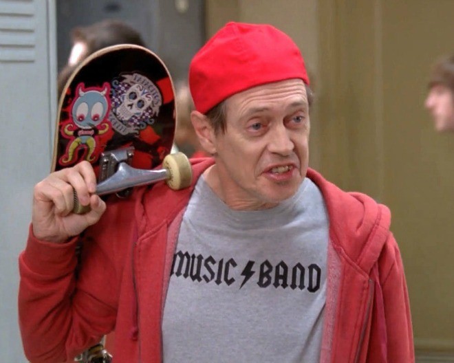 Create meme: fellow kids, when you come, Steve buscemi with a skateboard