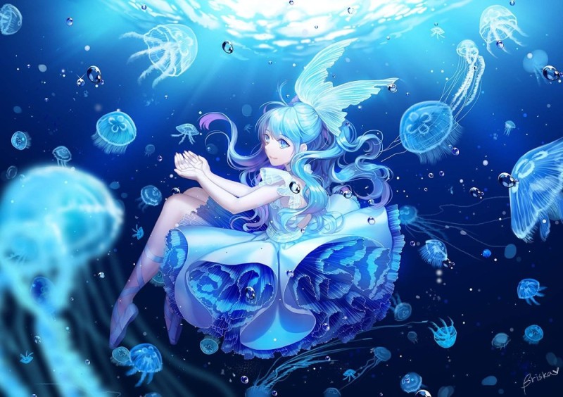 Создать мем: водяная девушка аниме, подводный мир аниме, аниме девушка под водой
