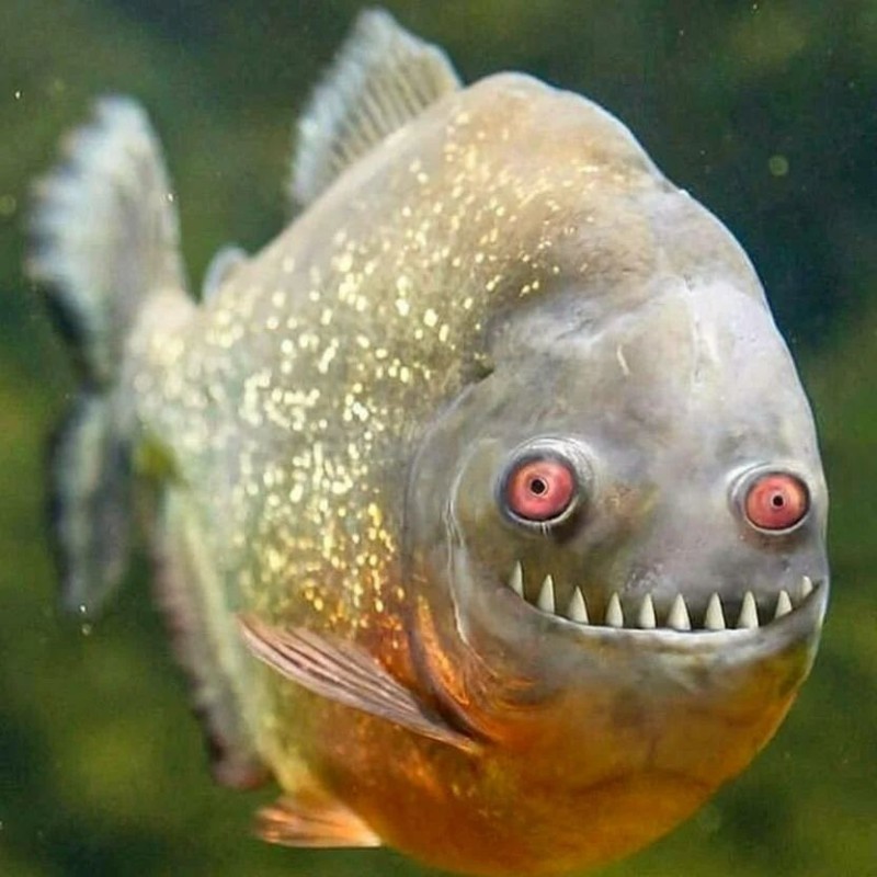 Create meme: piranha smiles, piranha with bulging eyes, piranha with human teeth