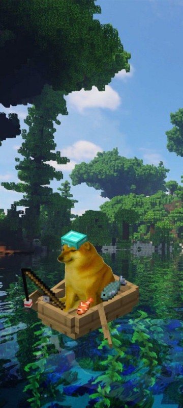 Create meme: a dog on a minecraft tray, A dog in a minecraft boat, a dog in a boat in minecraft