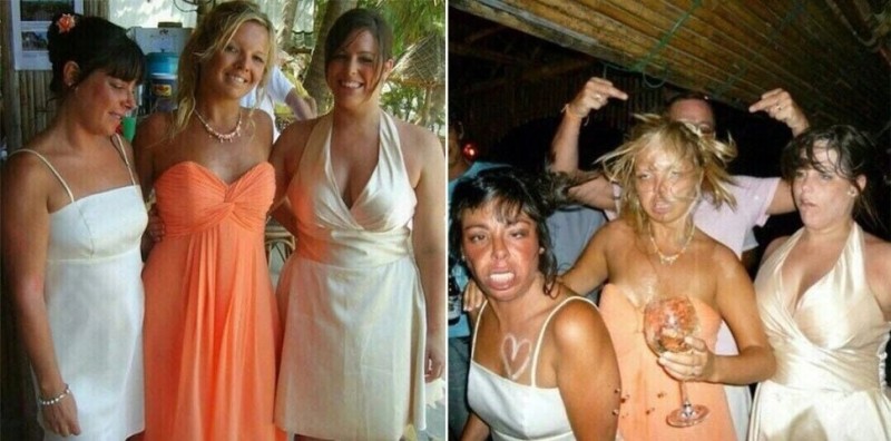Создать мем: девушки до и после вечеринки, корпоратив приколы, пьяные женщины