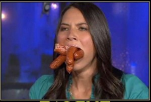 Создать мем: sausage, olivia munn, Она просто не умеет есть