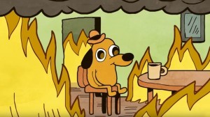 Create meme: dog in heat meme, meme dog in a burning house, dog in the burning house