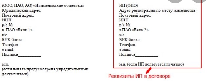 Образец реквизита банка. Реквизиты ИП В договоре образец. Реквизиты и подписи сторон в договоре образец ИП. Банковские реквизиты ИП В договоре образец. Реквизиты индивидуального предпринимателя в договоре.