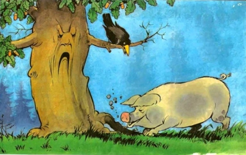Create meme: the pig under the oak Krylov's fable 5th grade, Ivan Andreevich Krylov the fable of the pig under the oak tree, Ivan Andreevich Krylov the pig under the oak tree