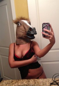 Create meme: horse mask GIF, the girl in the mask of a horse, mask horse photo