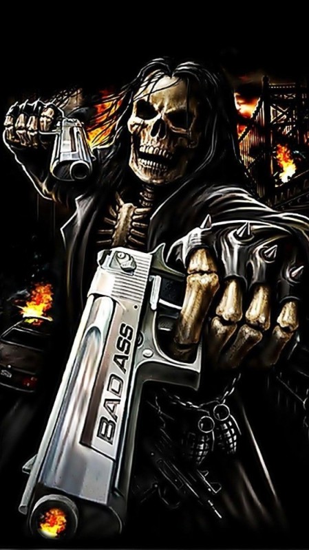 Create meme: skeleton with a gun, skull with pistols, meme skeleton with a gun