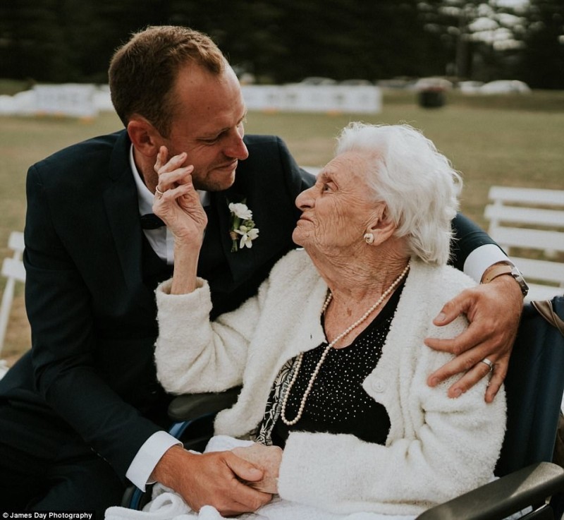 Create meme: grandmother with grandson, woman , wedding at 92