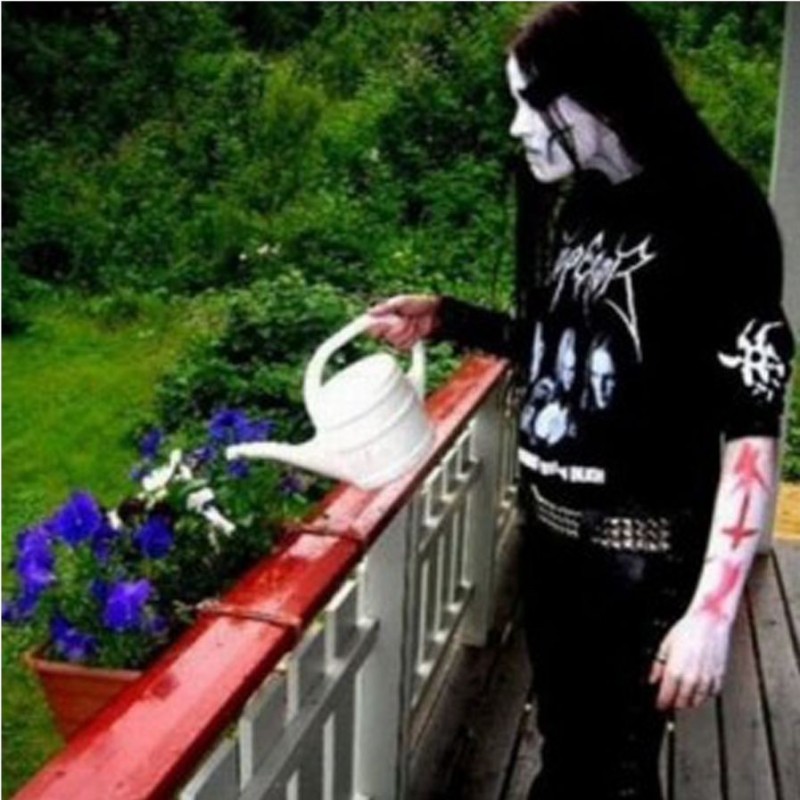 Create meme: Black metalhead waters the flowers, black metal , corpsepaint