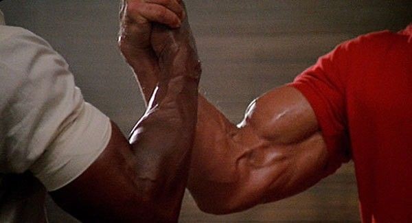 Create meme: schwarzenegger handshake meme, Schwarzenegger shakes hands, Carl Weathers and Arnold Schwarzenegger handshake