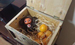 Create meme: a box of oranges picture, Cheburashka and tangerines, Cheburashka with orange gift