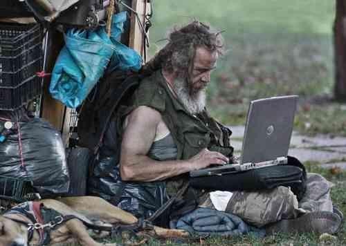 Create meme: homeless , homeless with laptop, meme bum 