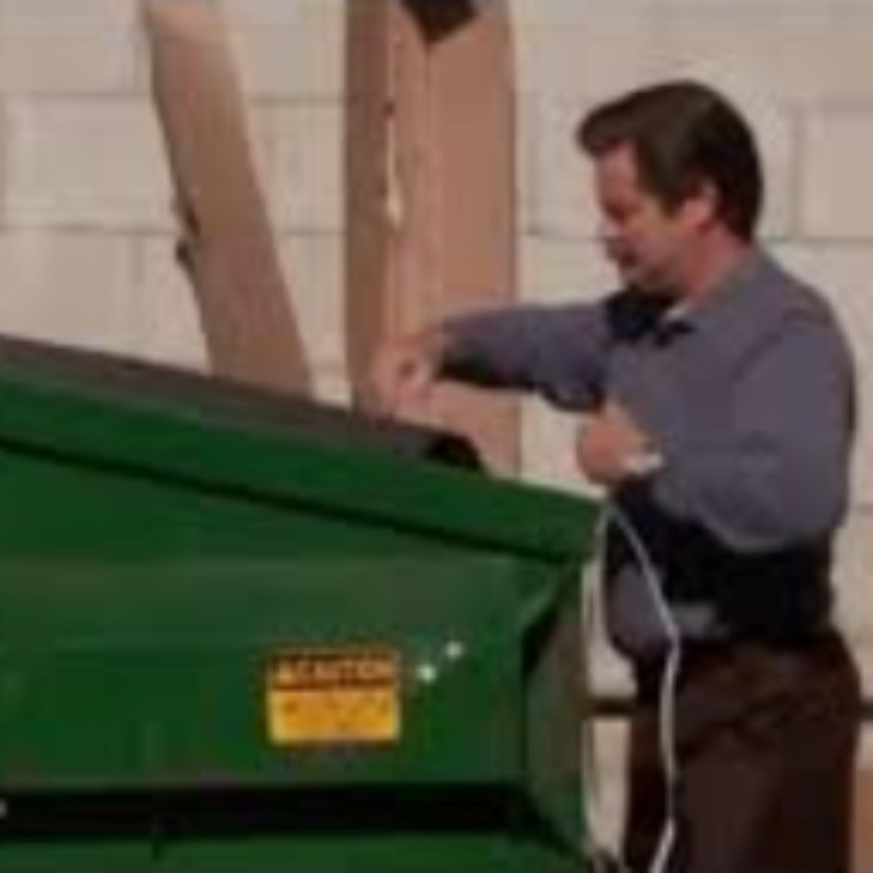 Create meme: Ron Swanson throws out the comp, throws the computer in the trash, dumpster 