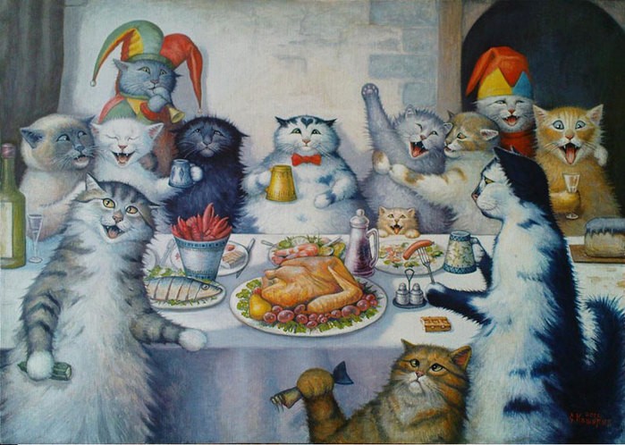 Создать мем: кошачий арт, коты в живописи, смешные коты