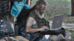 Create meme: smelly bum, homeless with laptop, homeless