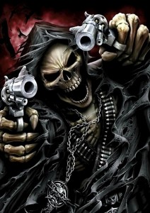 Создать мем: крутой скелет, скелет с пистолетом, скелет с оружием