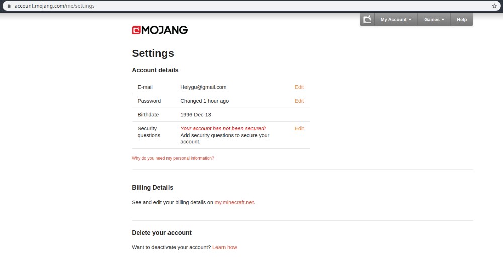 Create meme account, settings, your account is secure mojang.com -  Pictures 