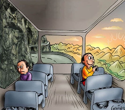Create meme: a meme with a bus and two passengers, sad and cheerful bus passengers meme, bus cartoon