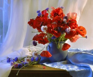 Create meme: Good day good people, poppies and cornflowers in a vase painting, bouquet of poppies painting