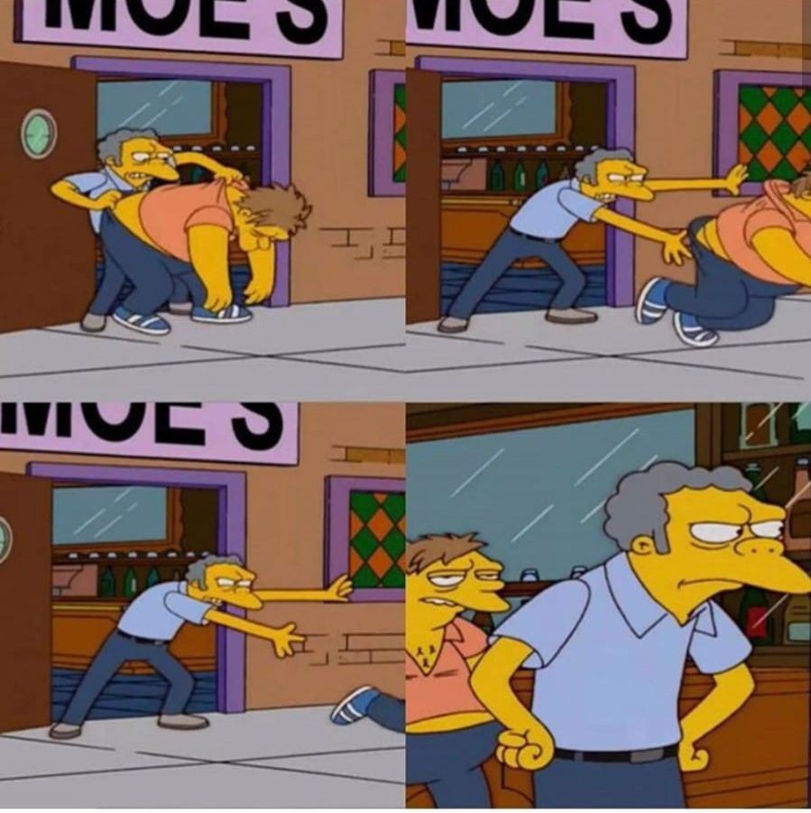 Create meme: The Simpsons is thrown out of the bar, The Simpsons Mo and Barney, The simpsons meme throws out of the bar