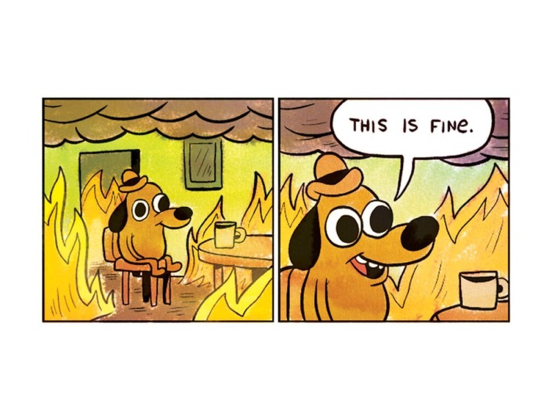 Create meme: this is fine , a dog in a burning house, dog in heat meme