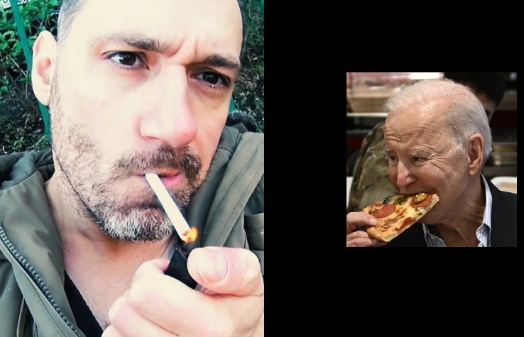 Create meme: male , people , biden eats pizza