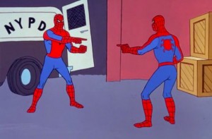 Создать мем: человек паук показывает на человека паука, человек паук показывает на человека паука мем, 3 человека паука мем