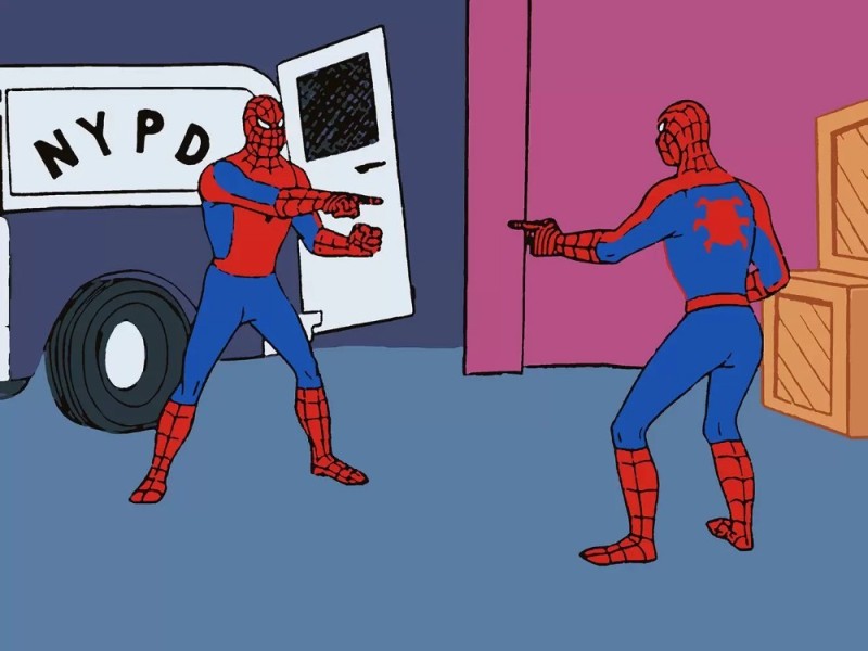 Create meme: Spider-man points at each other, two spider-men, meme 2 spider-man