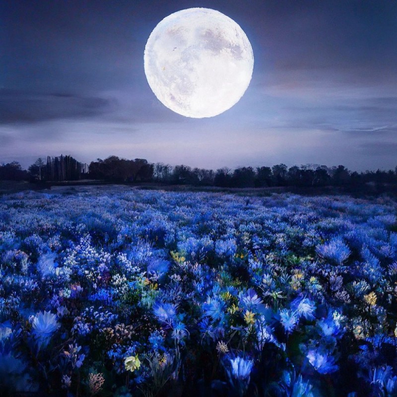 Создать мем: спокойной ночи красивые, поле синих цветов, голубая луна