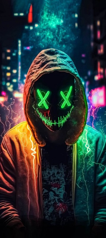 Создать мем: neon mask, неоновый анонимус, маска судная ночь