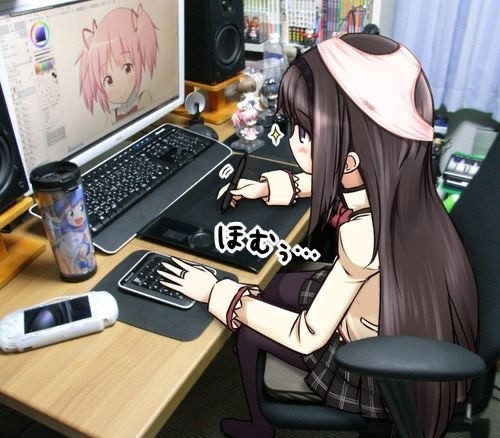 Создать мем: тян за компьютером, рисунок, аниме девушка с компьютером