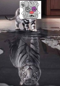 Create meme: cat tiger, the cat in the reflection of the tiger, lion tiger