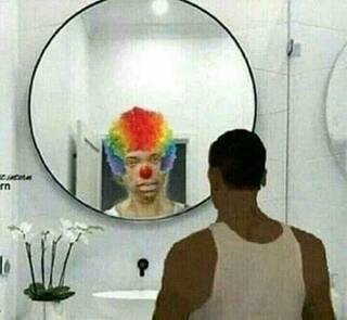 Create meme: The clown's reflection in the mirror, The clown in the mirror, people 