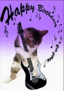 Create meme: postcard happy birthday rock cats, cards with a cat and a guitar happy birthday, happy birthday cat with guitar