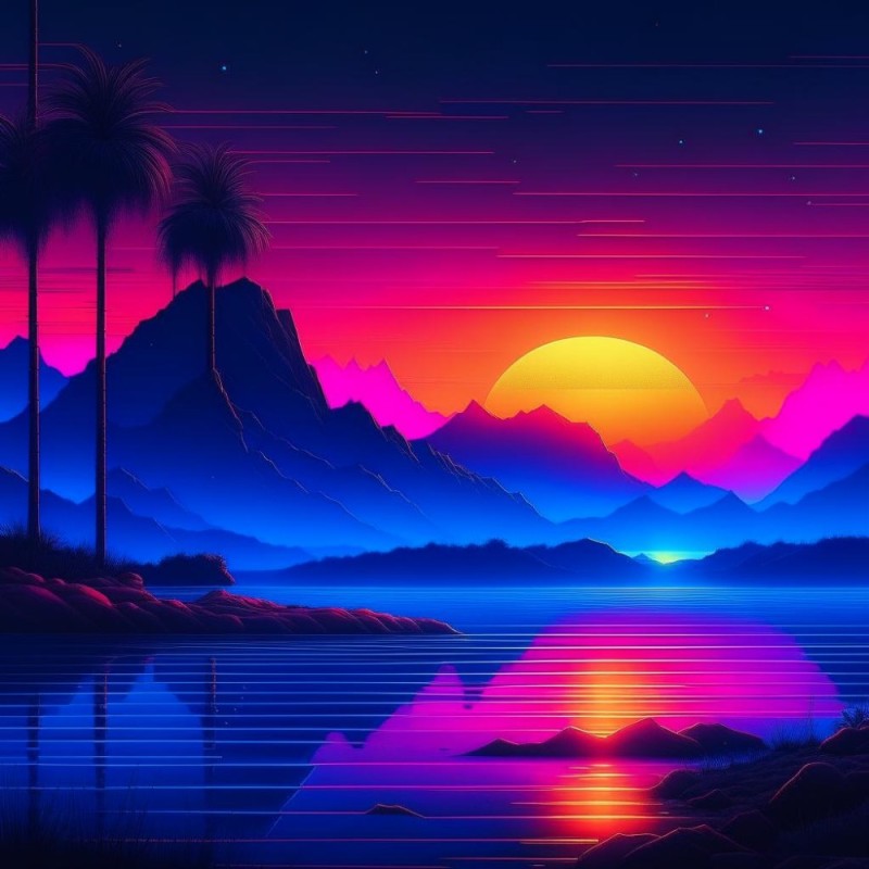 Создать мем: synthwave, закат, синтвейв арт