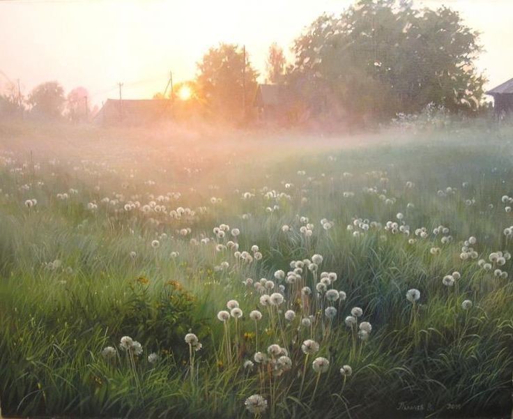 Create meme: morning landscape, Village morning painting, summer morning in the village