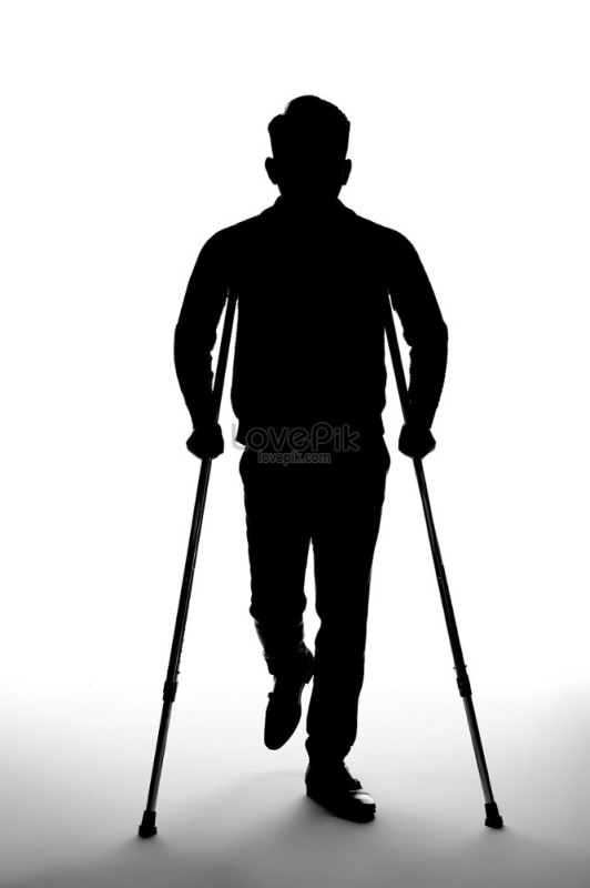 Create meme: silhouette of a man on crutches, the man with the crutch, silhouettes of disabled people on crutches