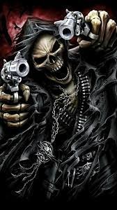 Create meme: skull, skeleton with a gun, skull with guns