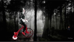 Create meme: the doll from saw on the bike, the forest dark