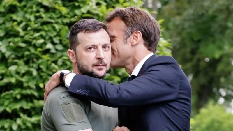 Create meme: Macron and Zelensky, Emmanuel macron , Zelensky hugs Macron