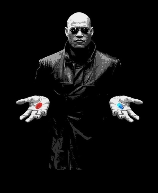 Create meme: Morpheus red pill, Morpheus two pills, red and blue pill