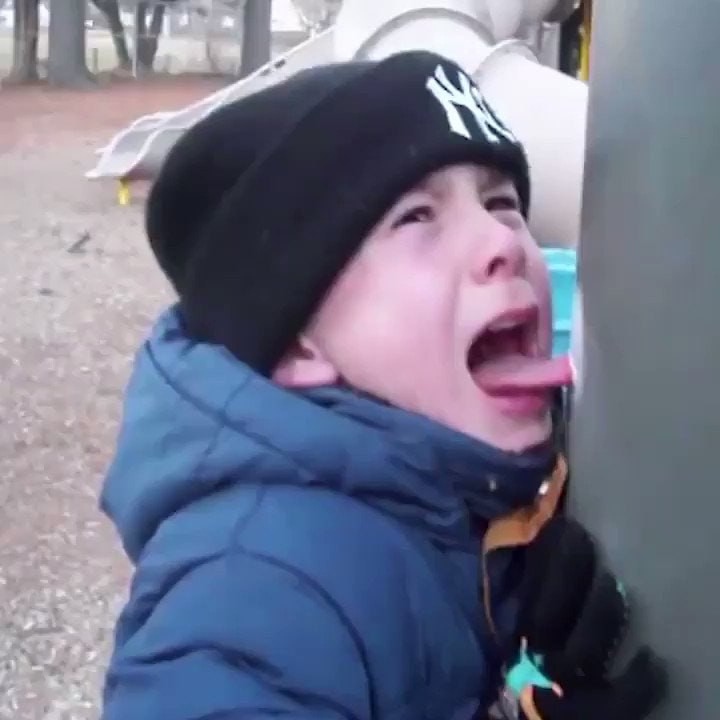Create meme: boy , tongue stuck to the post, stuck my tongue in the cold