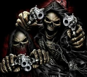 Создать мем: обои на телефон скелет с пистолетом, скелет с пистолетом, скелет с оружием