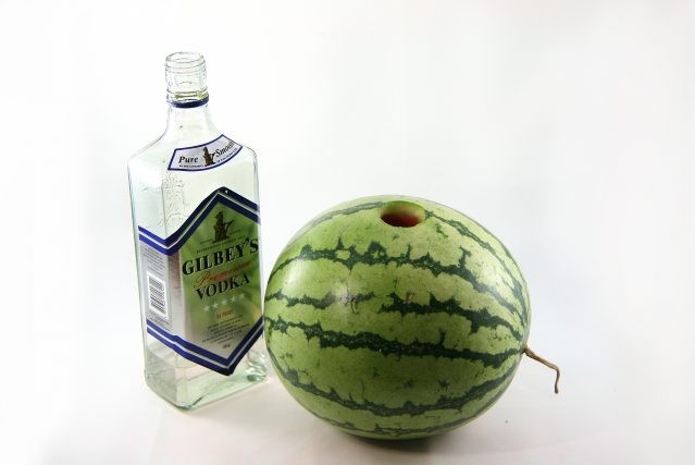 Create meme: watermelon with vodka, five bottles of vodka, half a watermelon