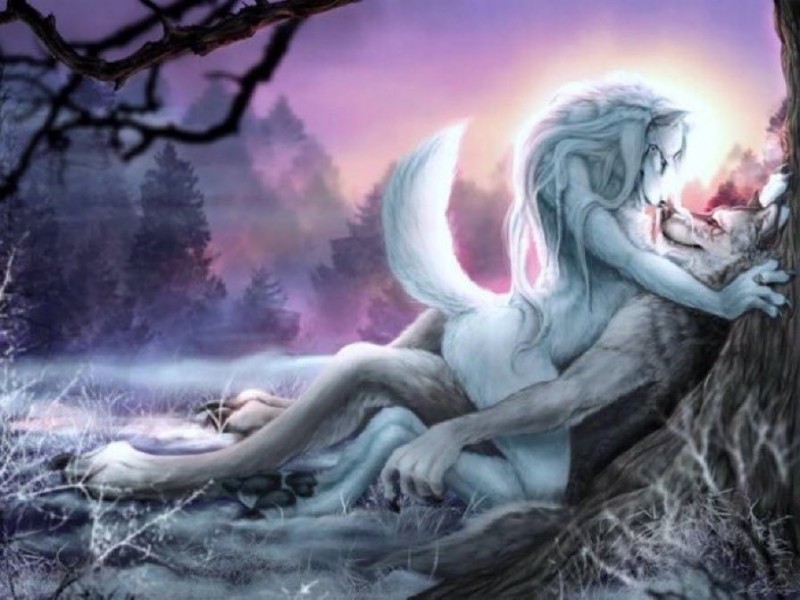 Create meme: mythical wolves, the mystical wolf, a girl kisses a wolf