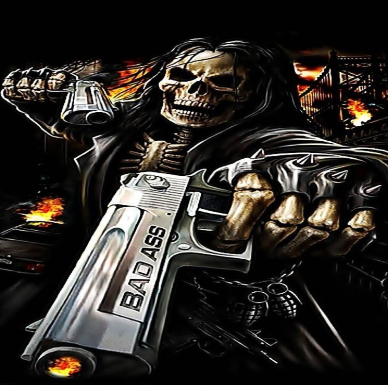 Создать мем: череп с пистолетами, скелет с пистолетом, скелет с оружием