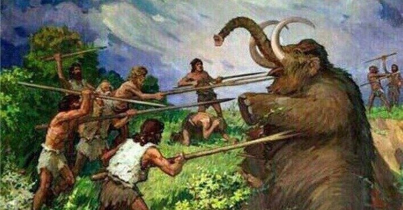 Создать мем: древние люди охотятся на мамонта, охота первобытных людей, охота древних людей