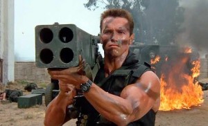 Create meme: commando, Schwarzenegger with a Bazooka, Schwarzenegger in the movie commando