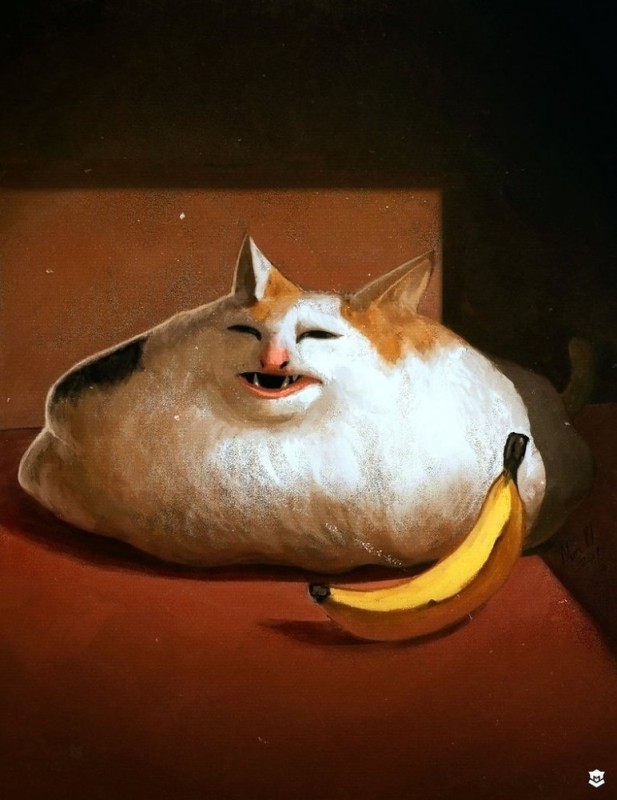 Create meme: stoned cats, banana cat, A cat with a banana painting